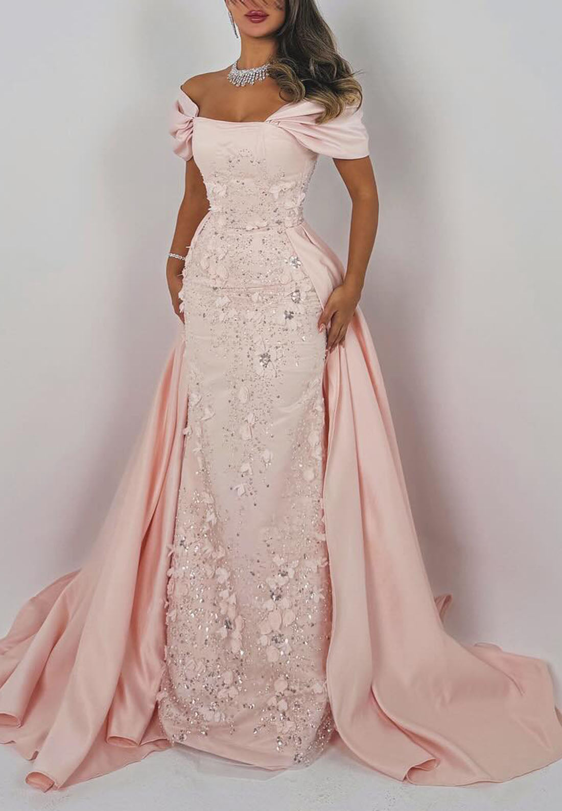 Off-the-Shoulder Floral Evening Gown with Overskirt