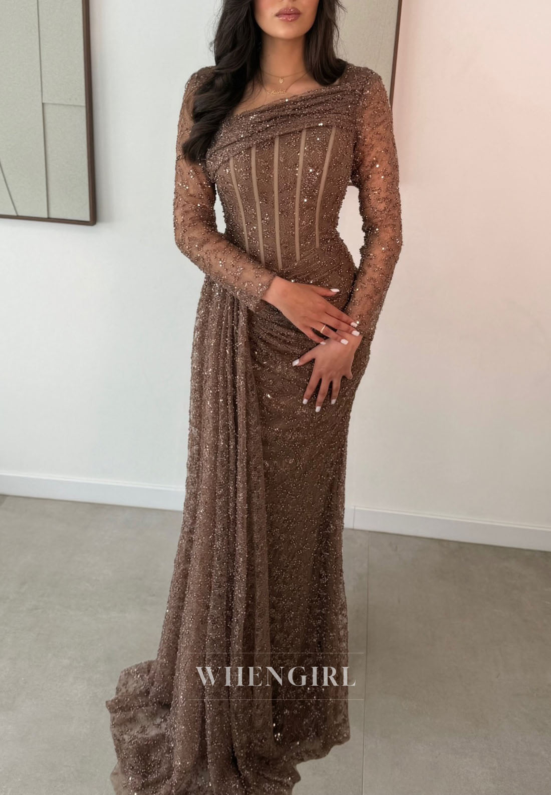 Asymmetrical Corset Beaded Long Sleeve Evening Gown