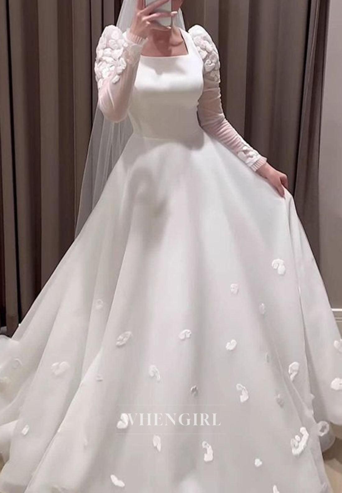Square Neck A-Line Wedding Dress with 3D Flowers