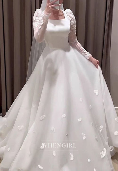 Square Neck A-Line Wedding Dress with 3D Flowers
