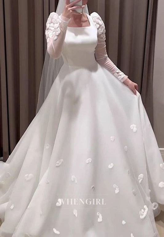 Square Neck A-Line Wedding Dress with 3D Flowers