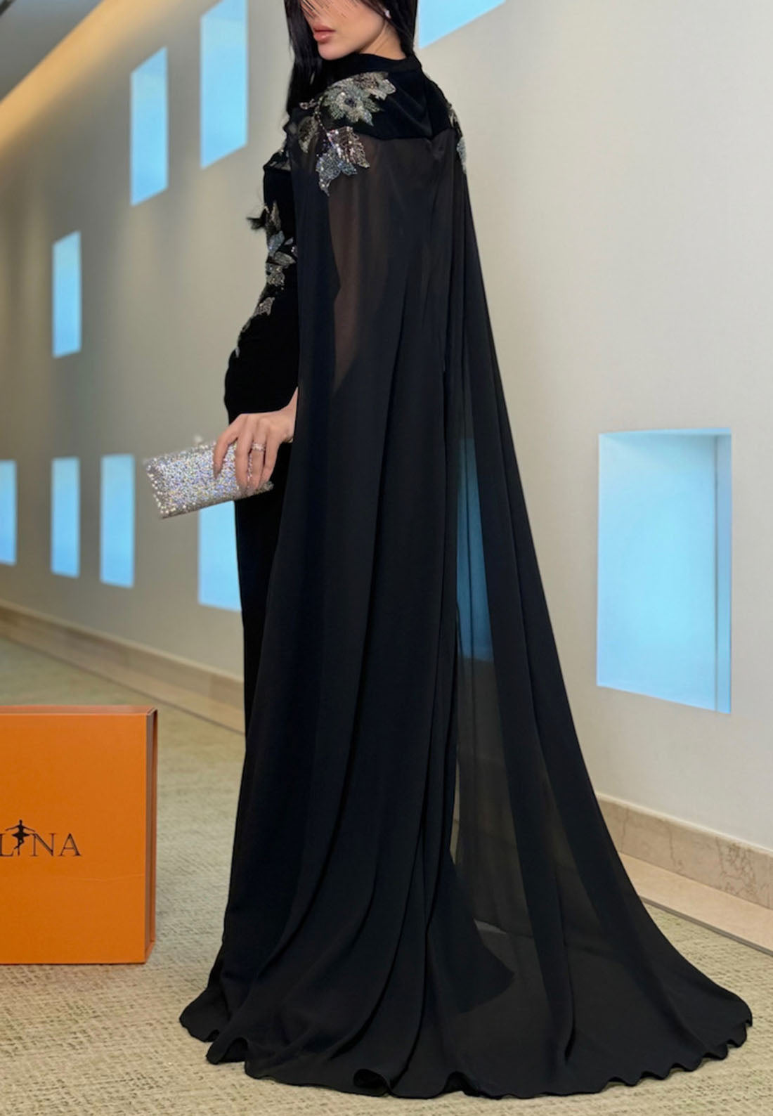 Embroidered Cape Evening Gown with Slit