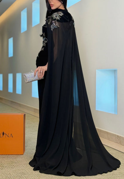 Embroidered Cape Evening Gown with Slit
