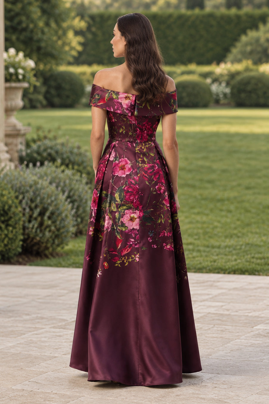 Off-the-Shoulder Floral A-Line Evening Gown with Pockets