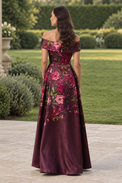 Off-the-Shoulder Floral A-Line Evening Gown with Pockets