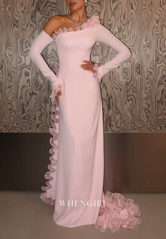One Shoulder Ruffle Long Sleeve Evening Gown