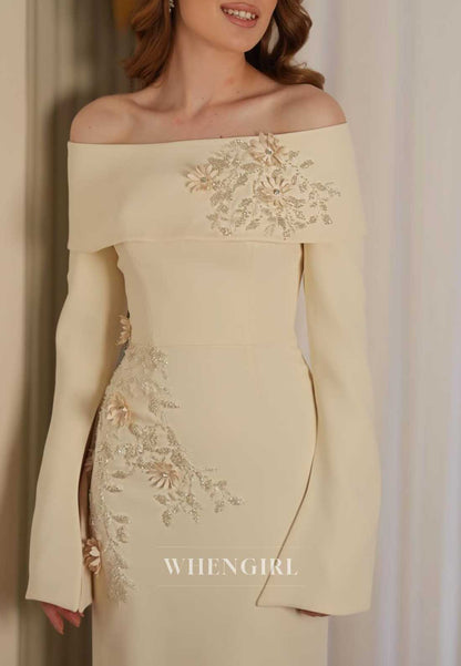Off-the-Shoulder 3D Floral Long Sleeve Gown