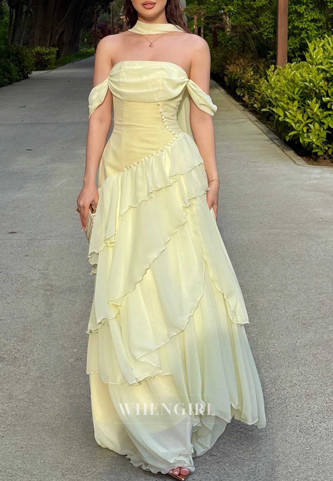 Off Shoulder Cowl Neck Tiered Chiffon Gown