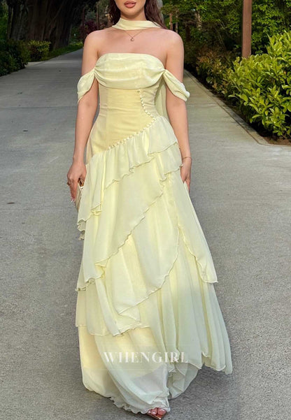 Off Shoulder Cowl Neck Tiered Chiffon Gown