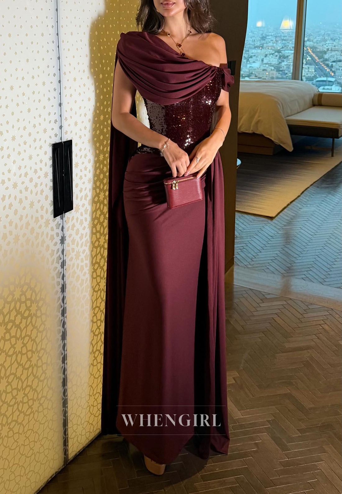 Sequined Asymmetrical Gown with Draped Cape