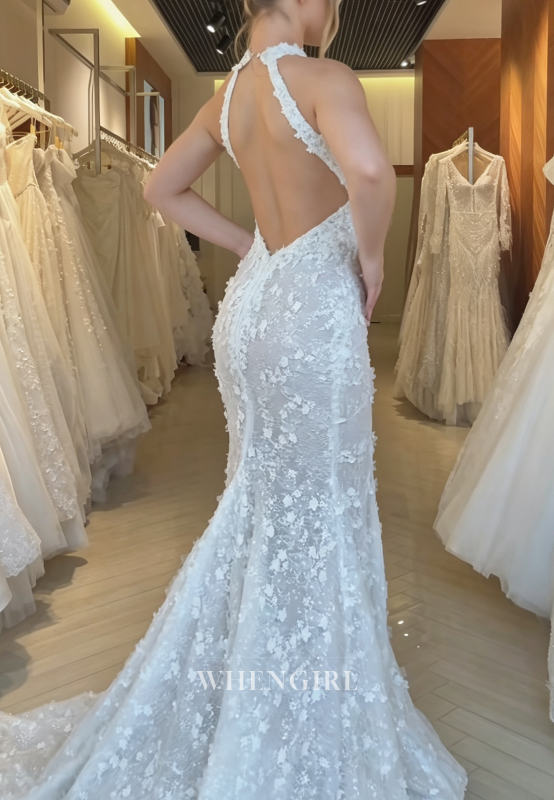 Halter 3D Floral Lace Mermaid Wedding Dress