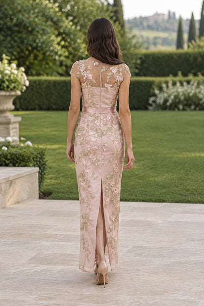 Floral Embroidered Column Dress with Waist Sash