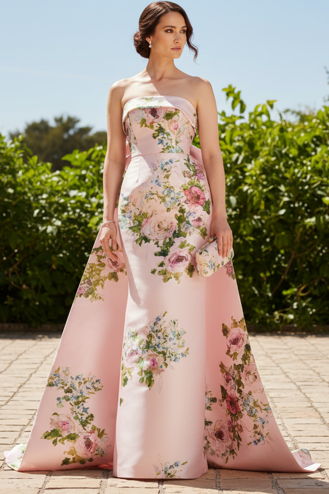 Strapless Floral Satin Column Gown with Back Bow