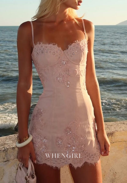 Lace Applique Corset Mini Dress with Spaghetti Straps