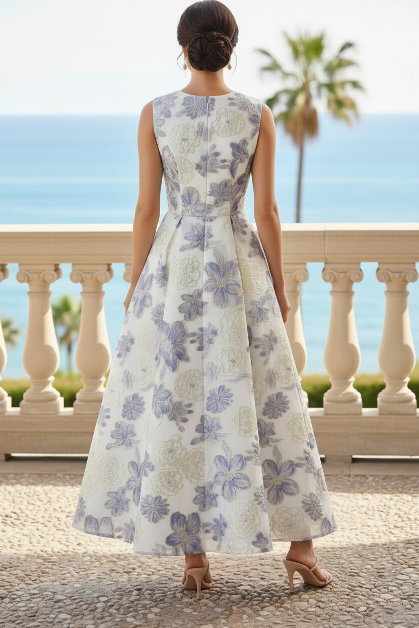 Floral Jacquard Sleeveless A-Line Tea-Length Dress