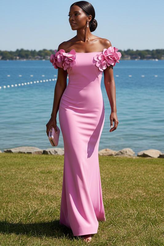 Off-the-Shoulder 3D Floral Applique Maxi Dress