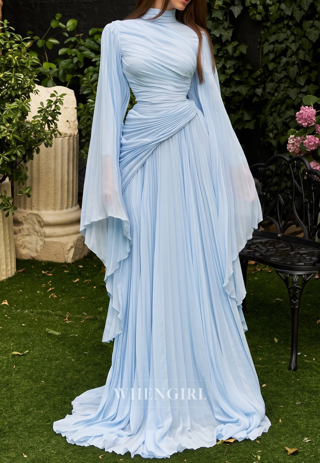 High Neck Pleated Gown with Cape Sleeves