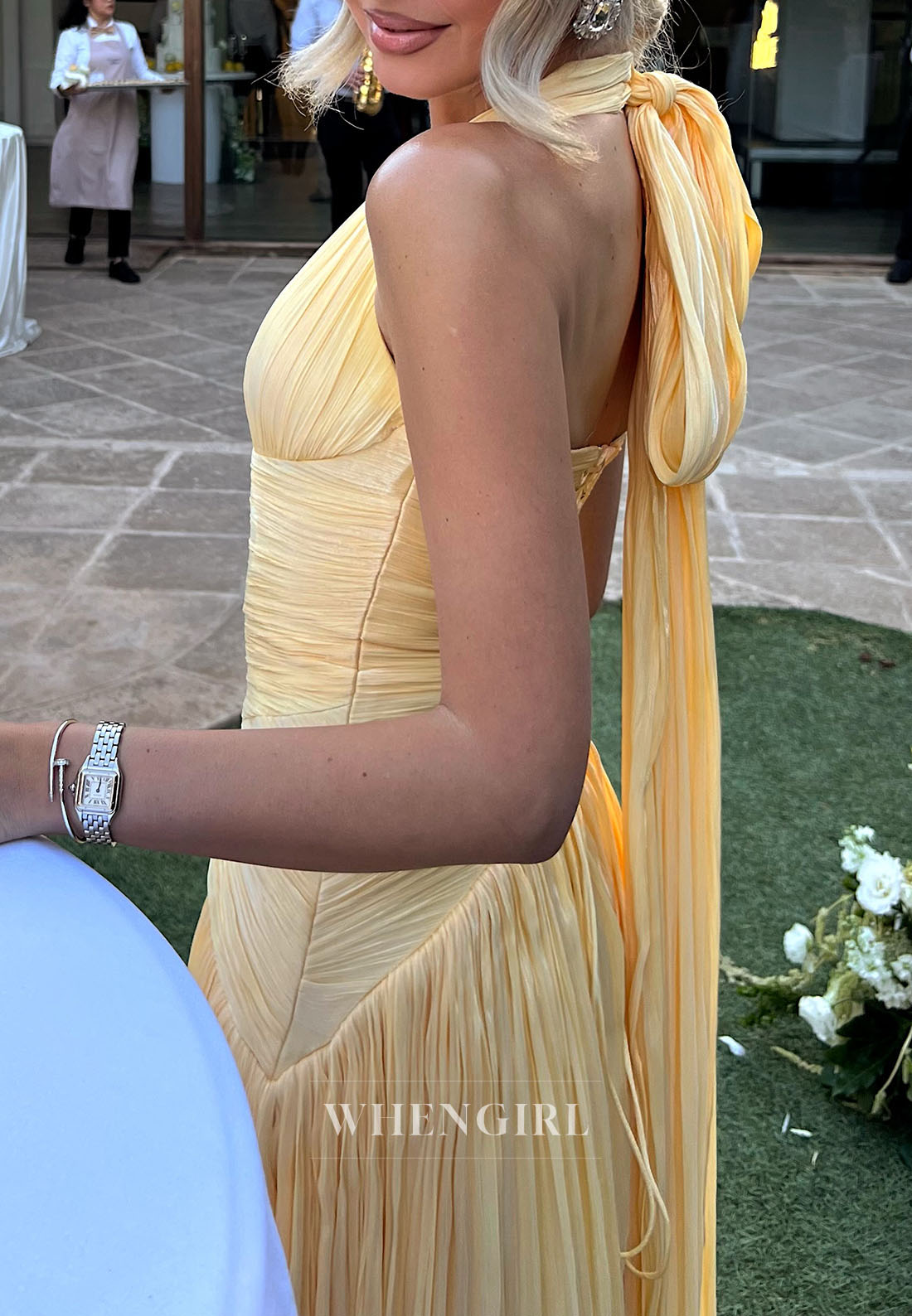 Pleated Halter A-Line Evening Gown with Open Back