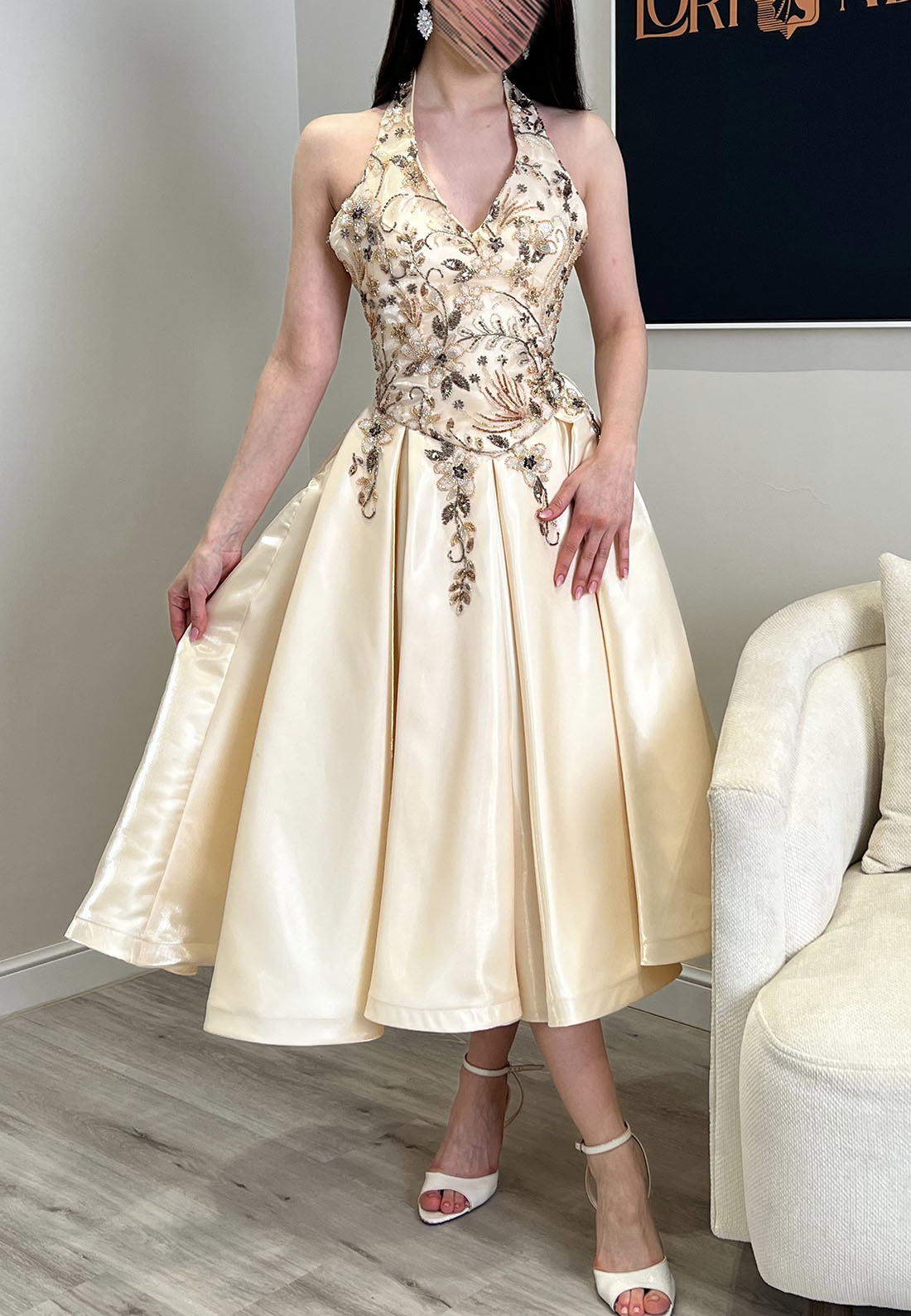 Embroidered Beaded Halter Tea-Length Dress