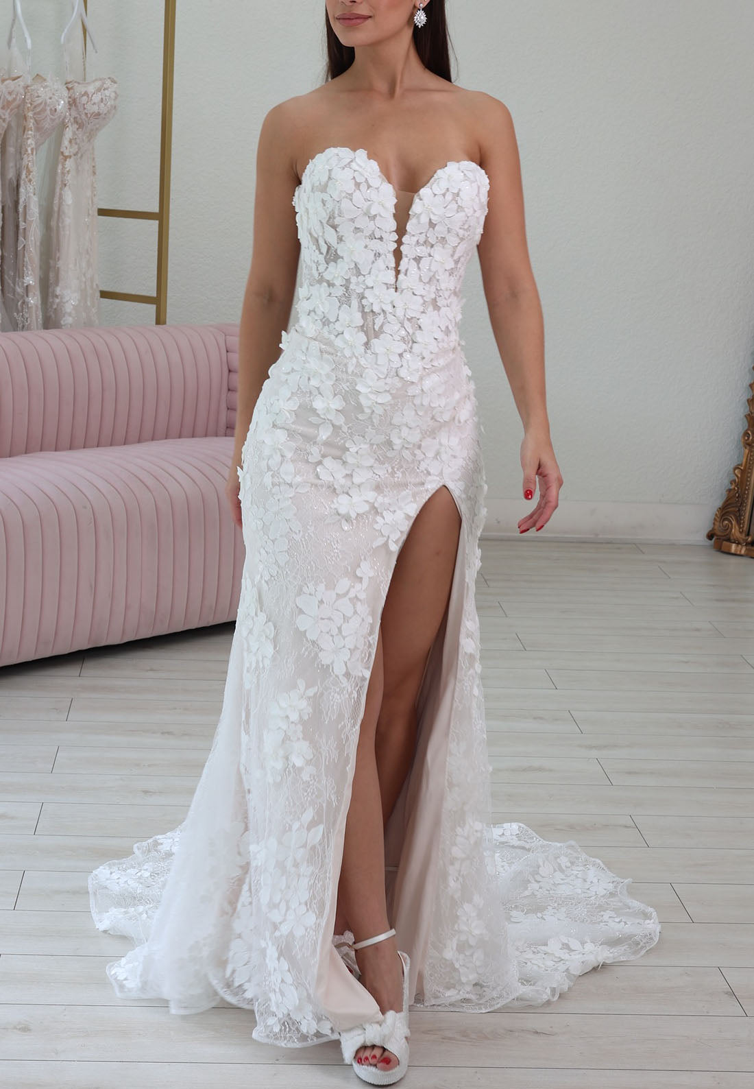 3D Floral Lace Strapless Slit Wedding Dress