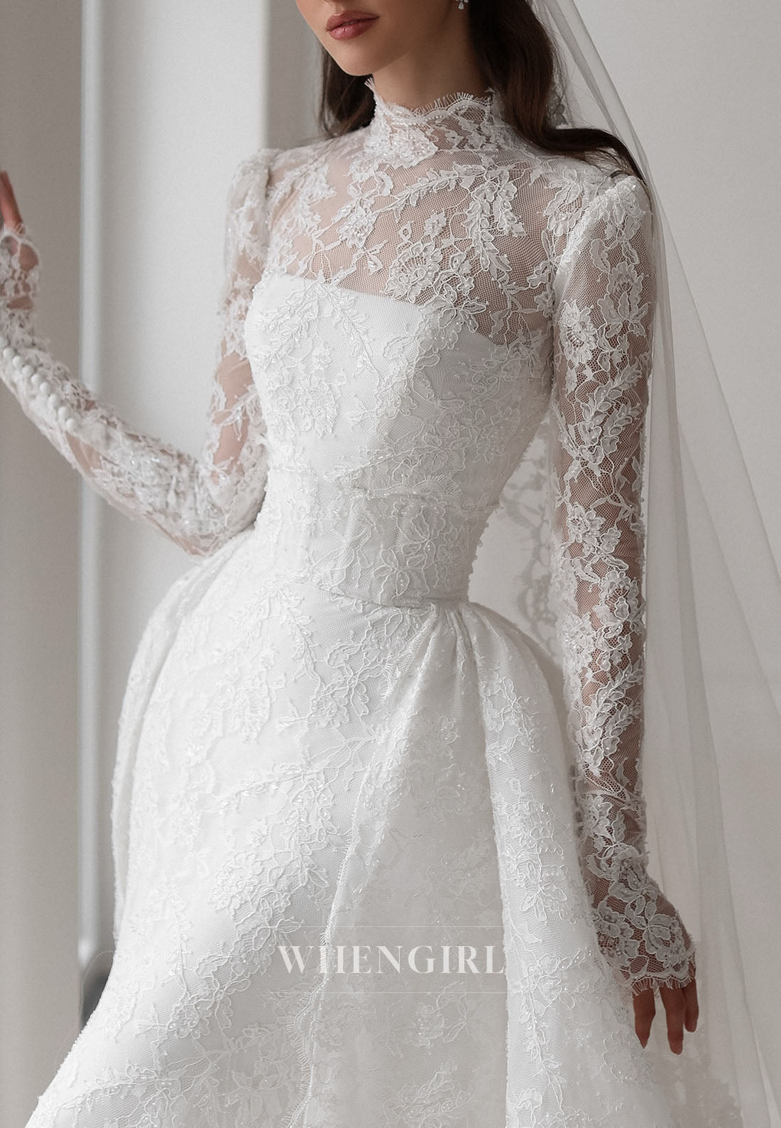 High Neck Lace Wedding Dress with Overskirt