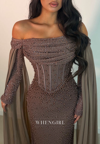 Pearl Beaded Off-the-Shoulder Corset Cape Gown