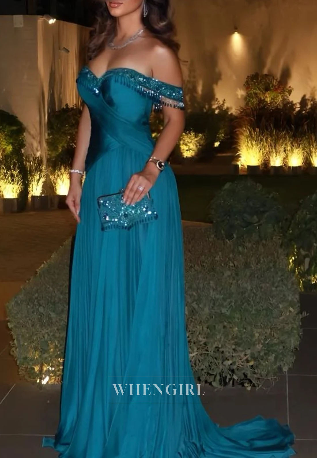 Off-the-Shoulder Beaded Pleated Evening Gown