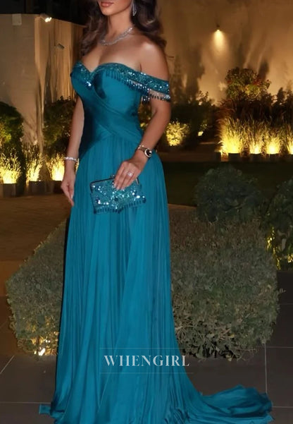 Off-the-Shoulder Beaded Pleated Evening Gown