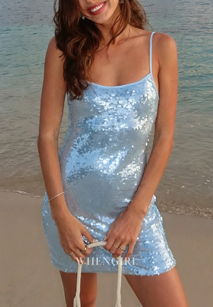 Sequin Scoop Neck Spaghetti Strap Mini Dress
