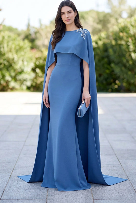 Cape Evening Gown with Beaded Shoulder Detail