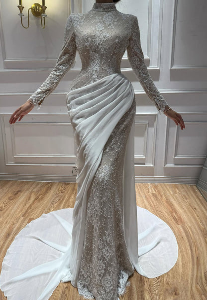 High Neck Lace Gown with Asymmetrical Draped Train