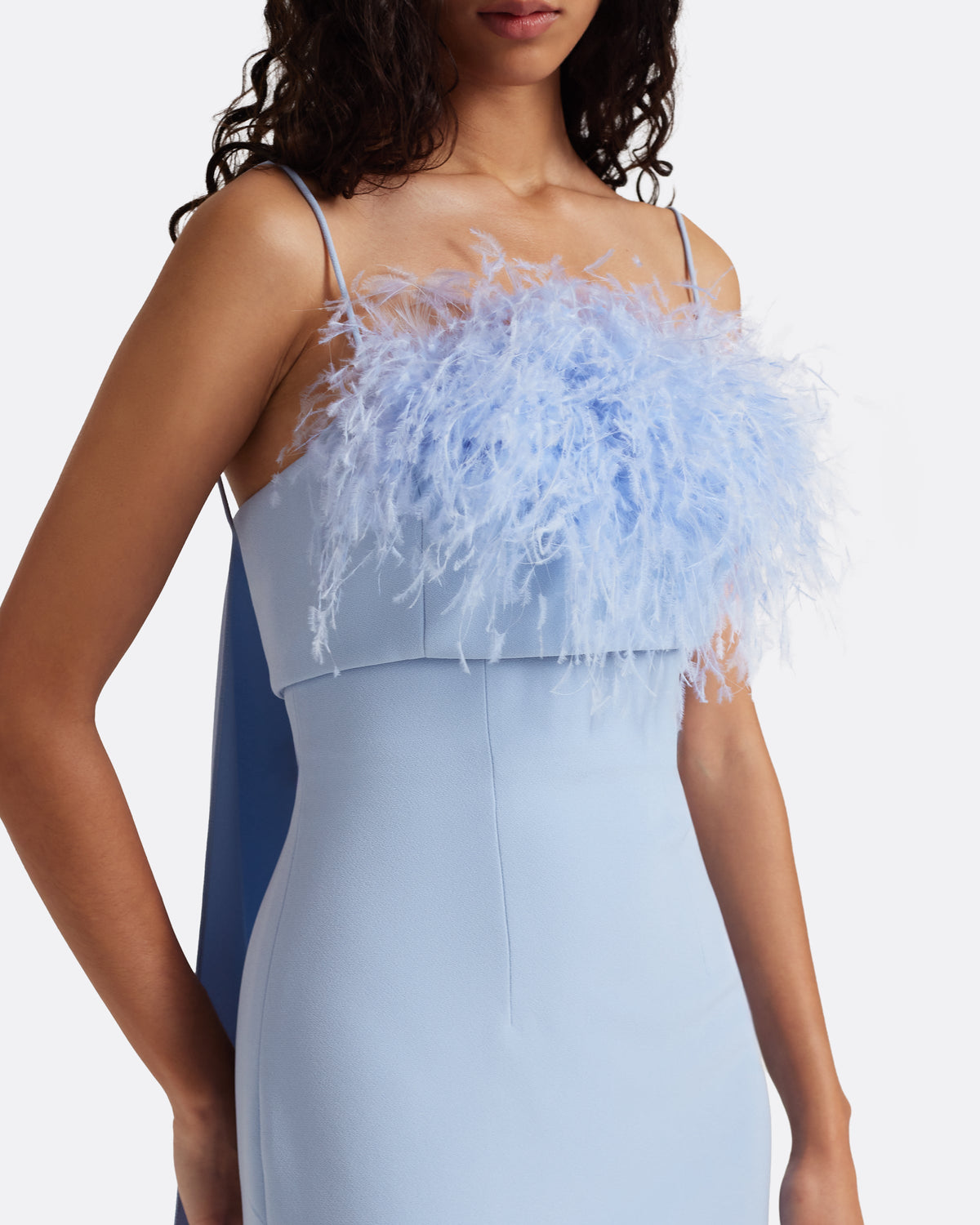 Feather-Trim Midi Dress with Flowing Train