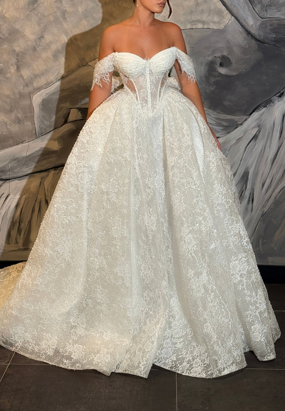 Lace Off-the-Shoulder Corset Ball Gown Wedding Dress