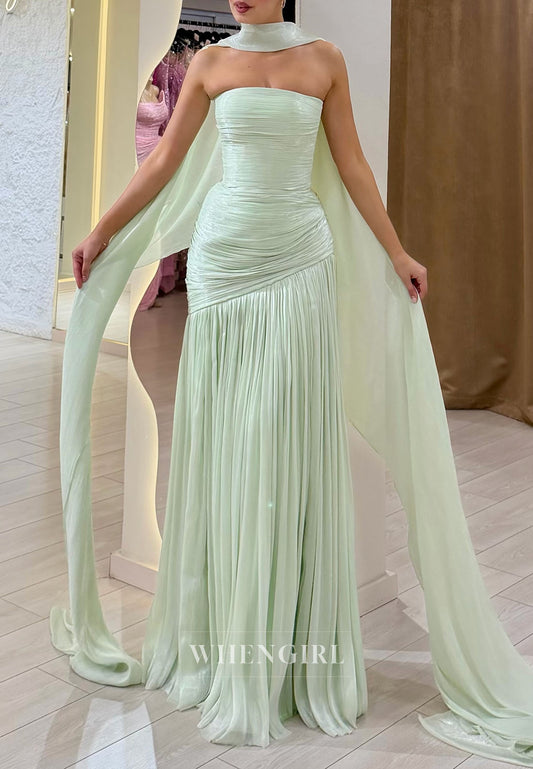Strapless Pleated Evening Gown with Convertible Cape