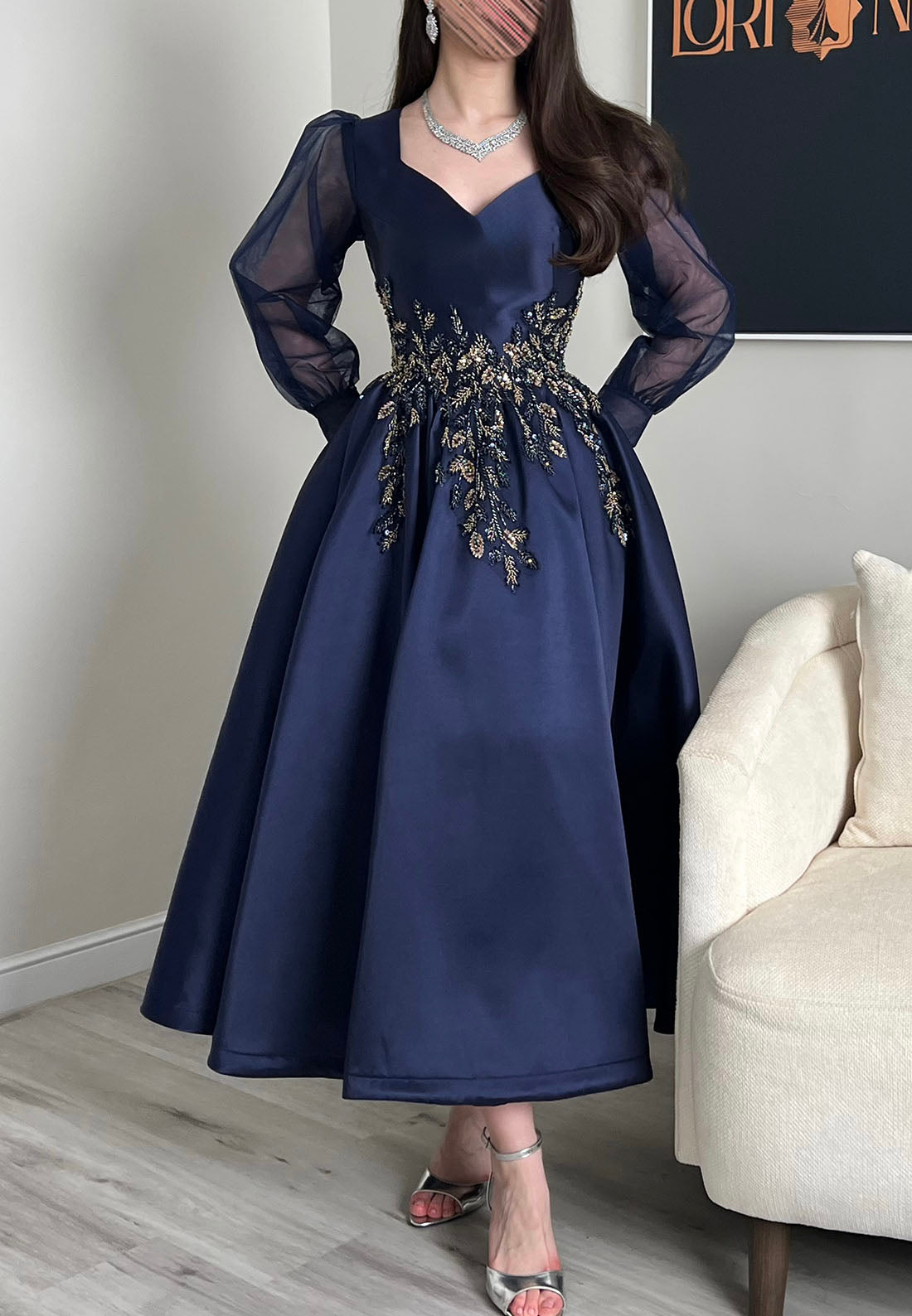 Beaded Waist A-Line Tea-Length Dress with Sheer Sleeves