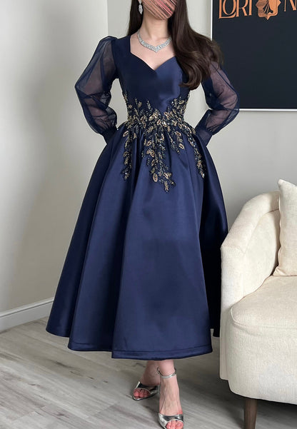 Beaded Waist A-Line Tea-Length Dress with Sheer Sleeves