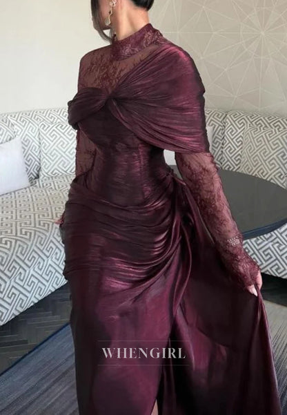 Draped Maxi Gown with Lace Underlay and High Slit