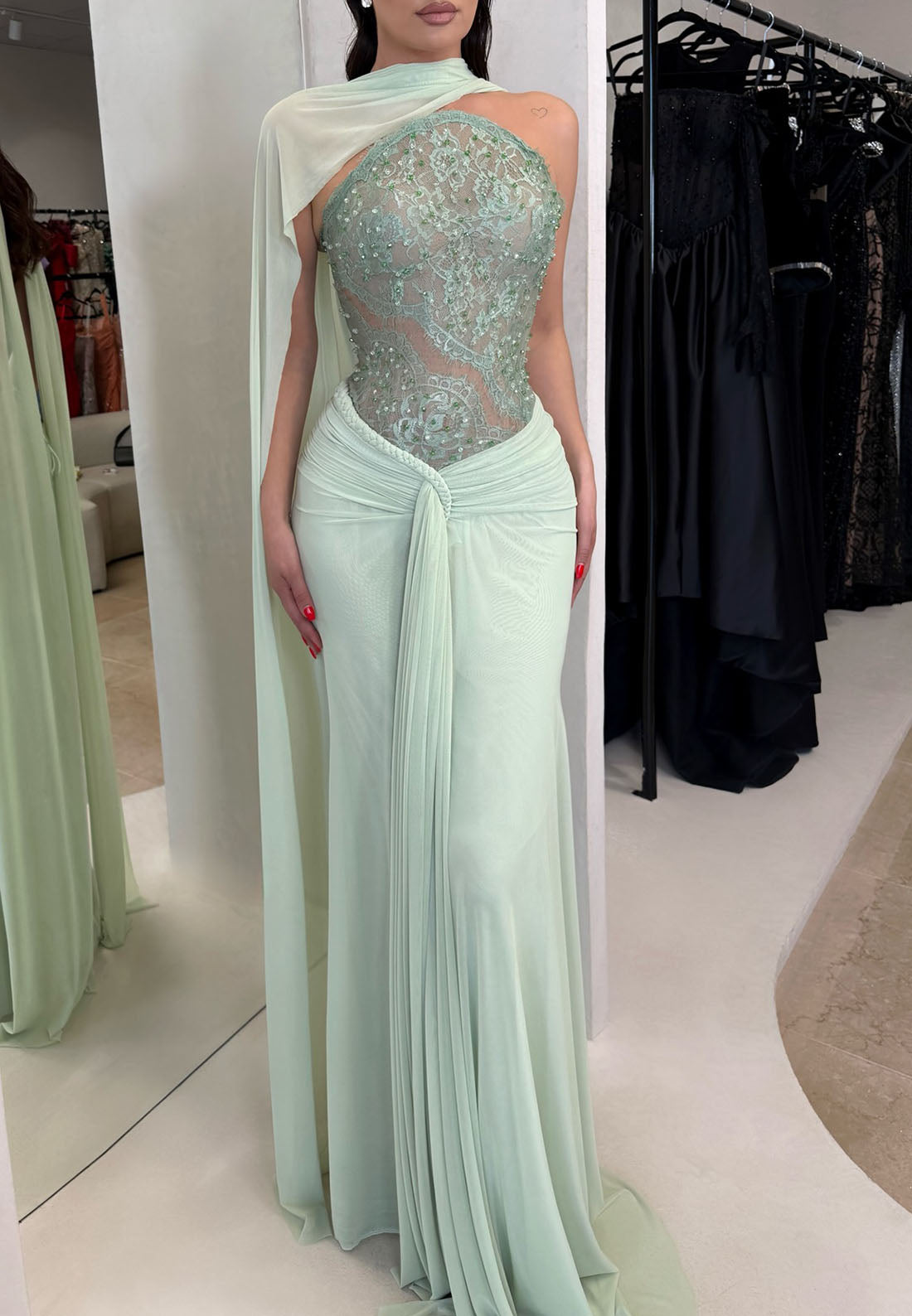 Embellished Lace Bodice Gown with Draped Cape