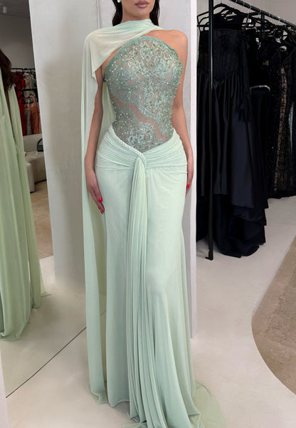 Embellished Lace Bodice Gown with Draped Cape