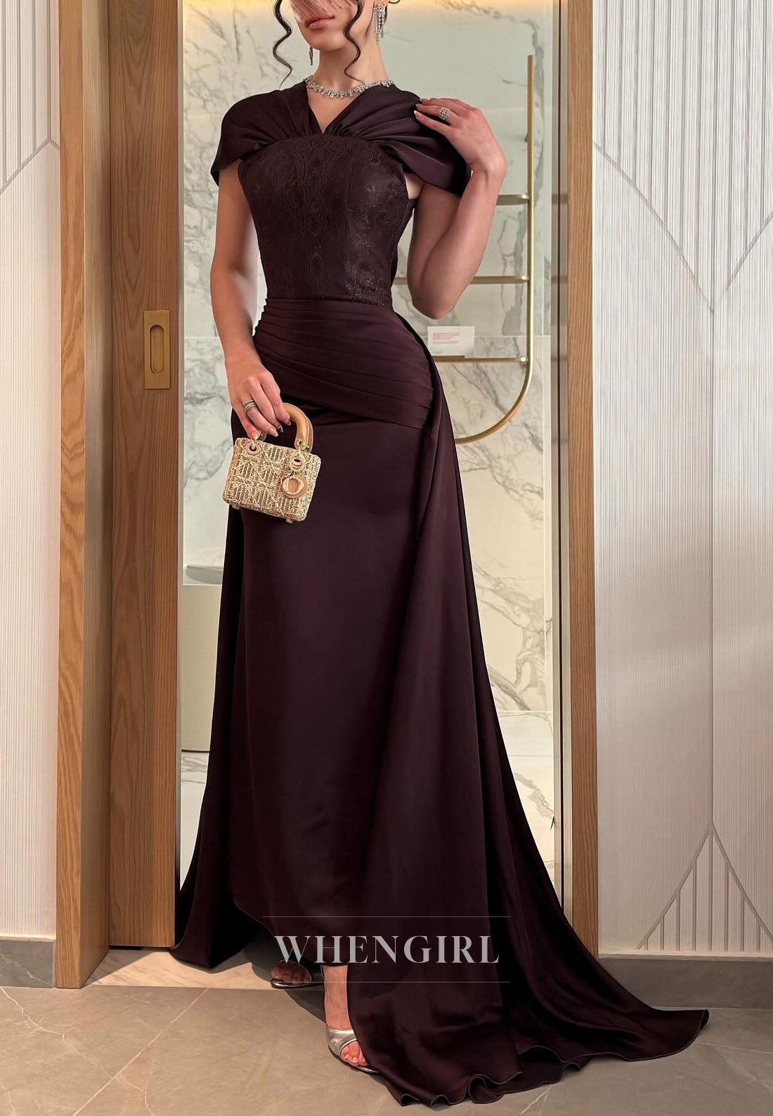 Gathered Shawl Collar Evening Gown with Train