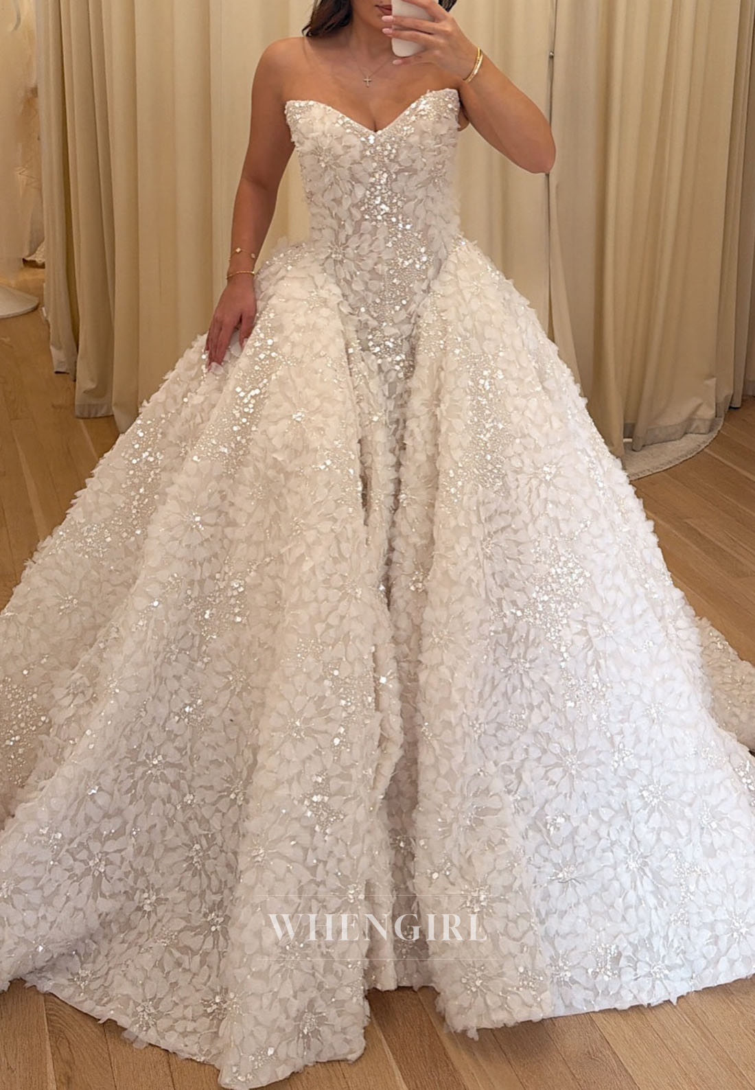 Strapless 3D Floral Sequin Ball Gown Wedding Dress