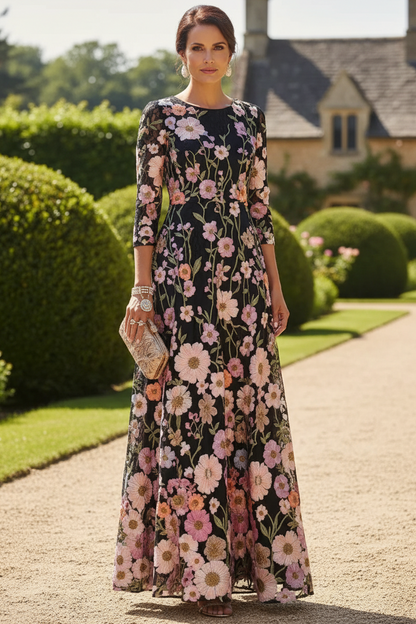 Floral Embroidered A-Line Maxi Dress with 3/4 Sleeves