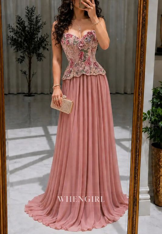 Embroidered Corset Chiffon A-Line Evening Gown