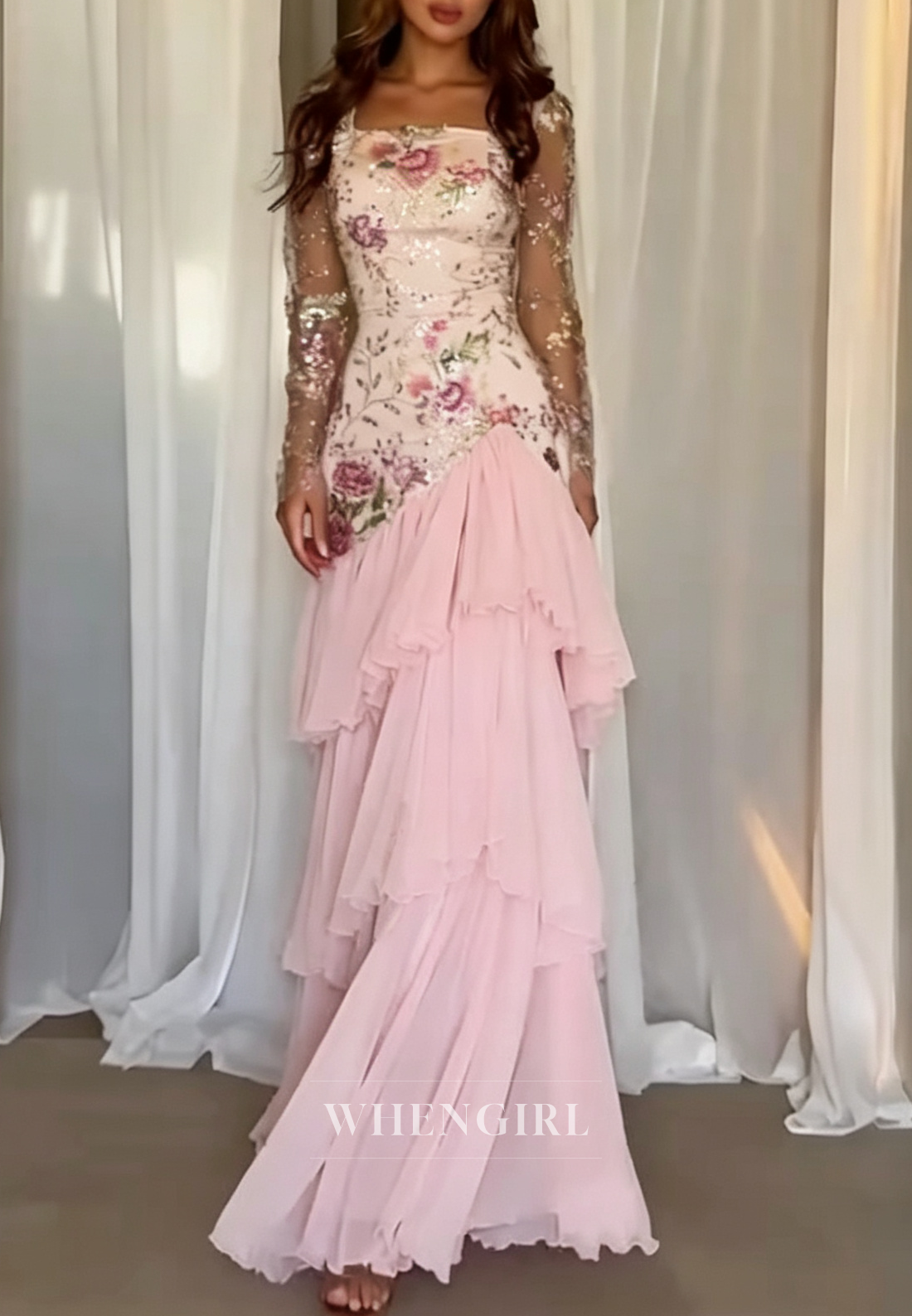 Embroidered Sequin Tiered Ruffle Gown