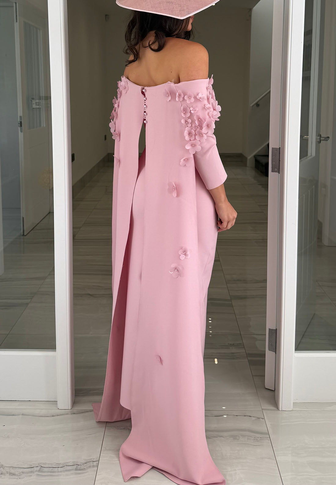 Off-the-Shoulder Cape Gown with 3D Floral Appliques