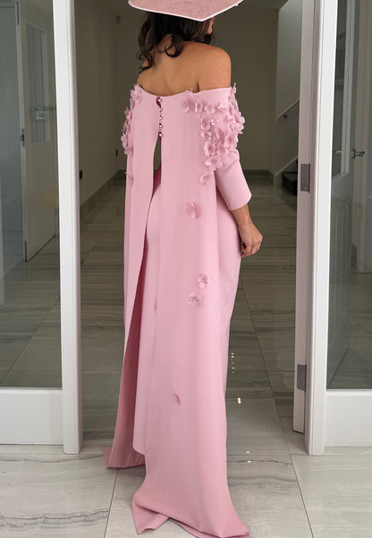 Off-the-Shoulder Cape Gown with 3D Floral Appliques