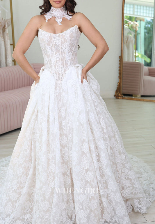 Strapless Lace Ball Gown Wedding Dress with Pockets