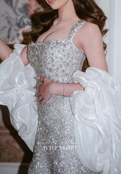 Sequined Off-the-Shoulder Evening Gown with Slit