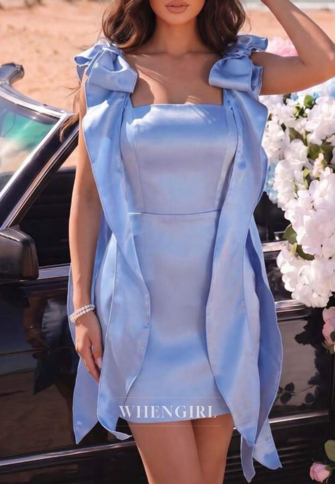 Satin Square Neck Mini Dress with Shoulder Bows