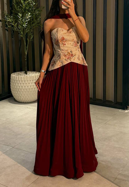 Floral Corset Maxi Dress with Pleated Skirt